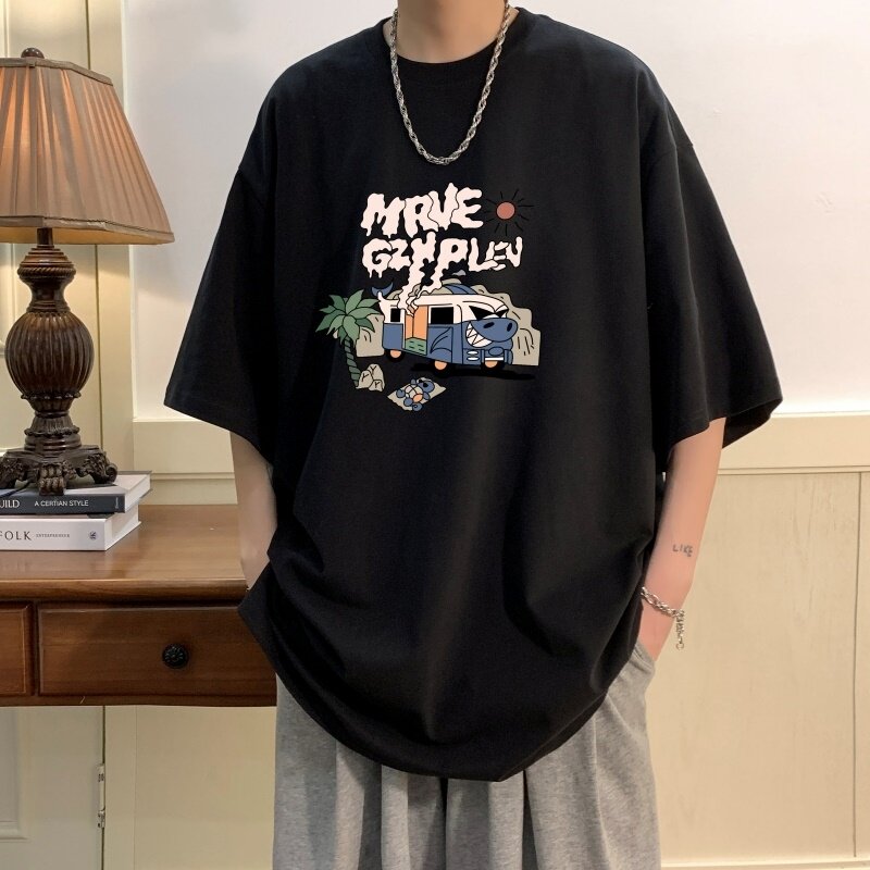 T6237P25夏2023落肩款宽松棉T男士T恤港风印花纯棉短T白色,男装T恤,星座510A-6