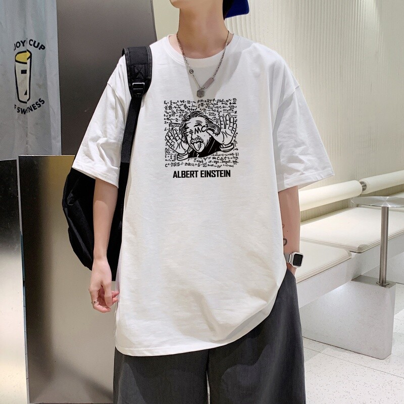 T3476P25纯棉T短袖字母卡通印花T恤新2022男宽松圆领T恤港风落肩图片