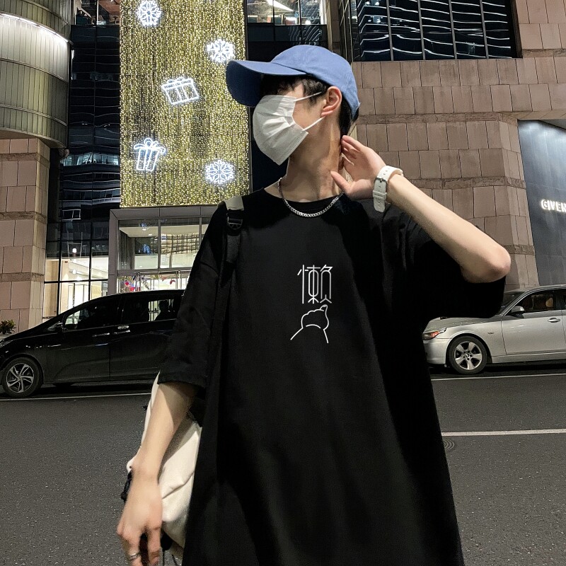 D2170P20港风外景 纯棉男短袖港风净版小标印花宽松休闲情侣装T恤图片