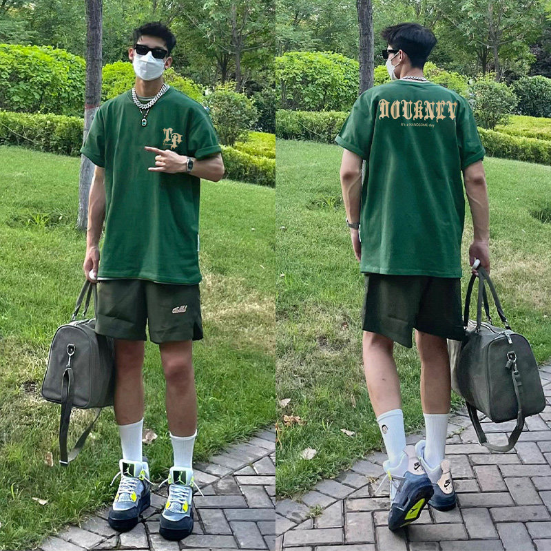 美式潮牌小众复古纯棉短袖t恤男款oversize高街休闲墨绿色上衣ins