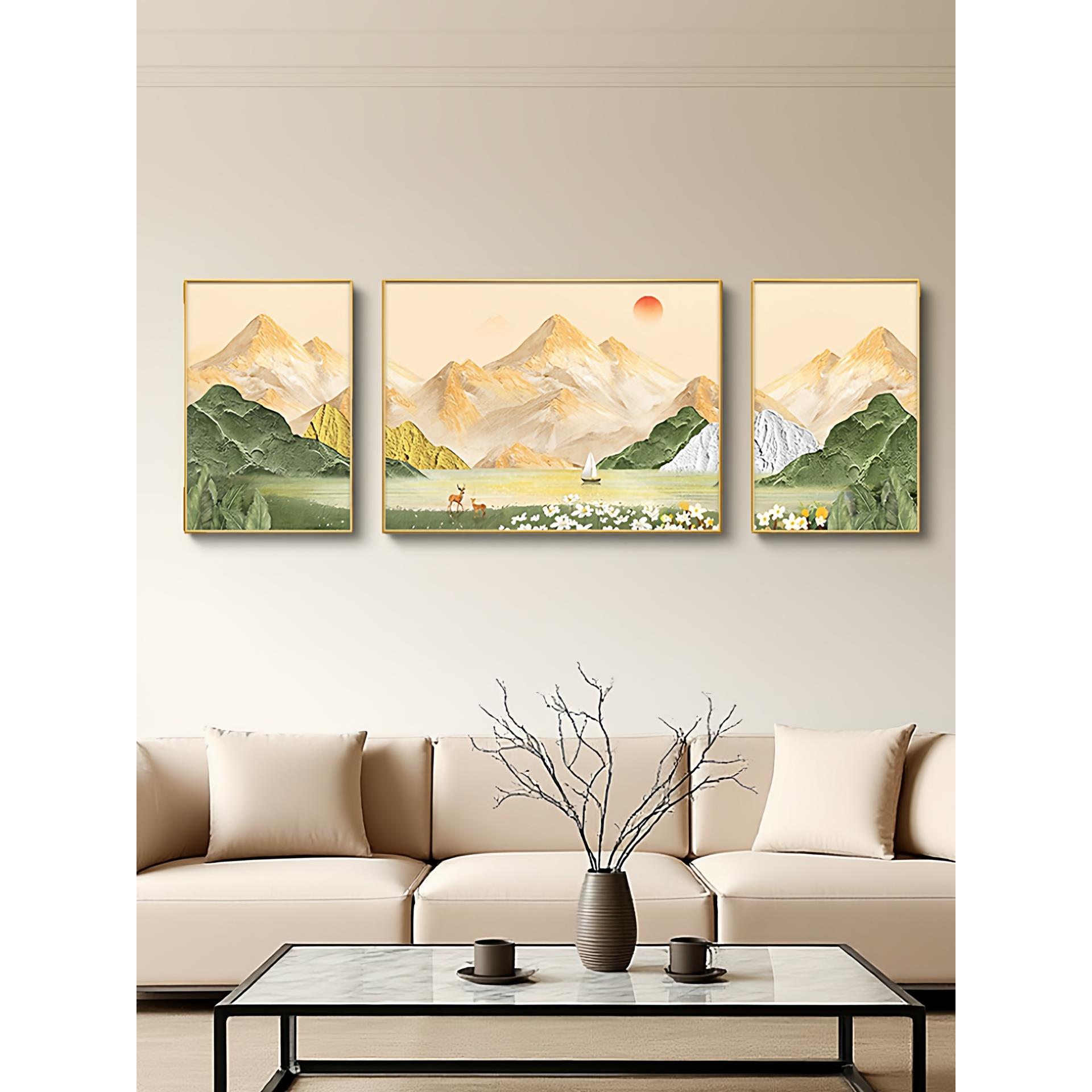 日照金山客厅装饰画2025新款沙发背景墙挂画山水手绘油画三联壁画图片