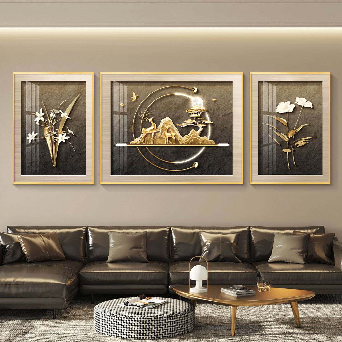 轻奢客厅装饰画沙发背景墙挂画壁画简约现代高级感墙画三联高档,家居饰品,油画,淘宝优惠券,粉丝福利购,淘宝优惠卷