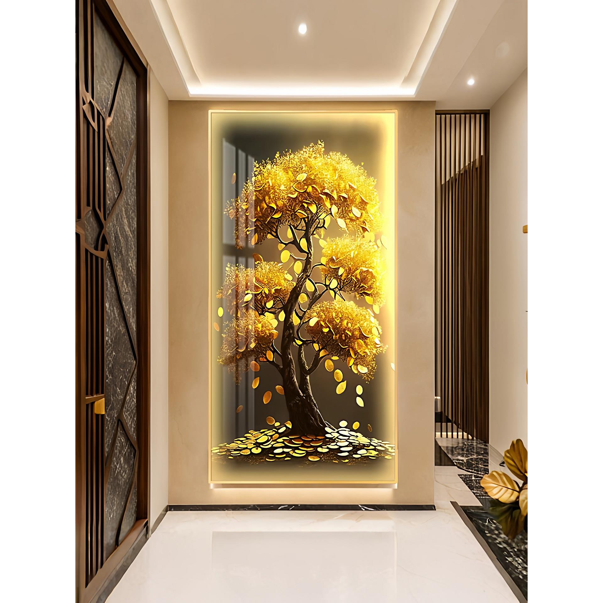 发财树led带灯轻奢入户玄关装饰画简约现代挂画壁画过道高级感图片