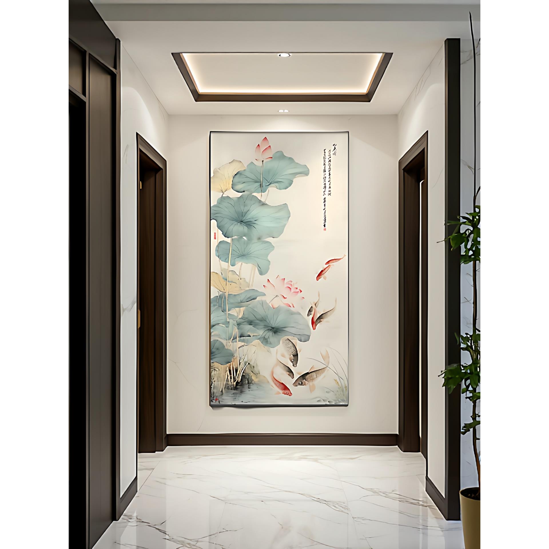 荷花九鱼图入户玄关装饰画新中式寓意正对门走廊过道挂画招财壁画图片
