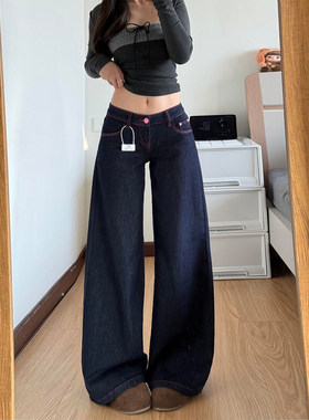 复古撞色阔腿牛仔裤女2026春夏新款设计辣妹低腰宽松垂感百搭长裤