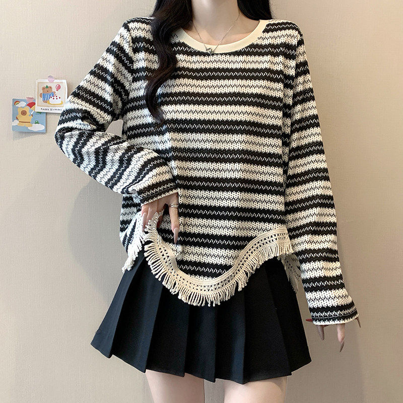 波西米亚条纹正肩长袖T恤女2026早春新款大码胖mm不规则流苏上衣