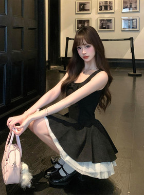 法式富家千金黑色吊带洋装女夏日绝美掐腰网纱拼接公主蓬蓬裙子