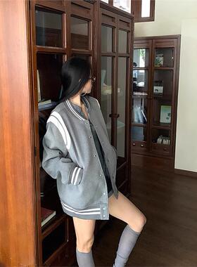 覆古撞色vibe风条纹灰色棒球服春季2025新款街头潮酷嘻哈夹克外套