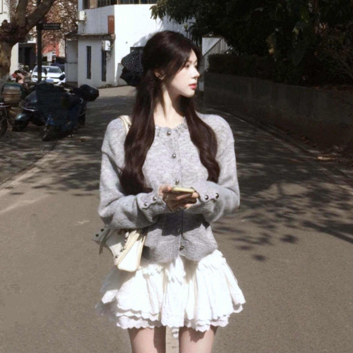 灰色针织开衫女修身显瘦外穿毛衣外套早春小香风外搭短款百搭上衣