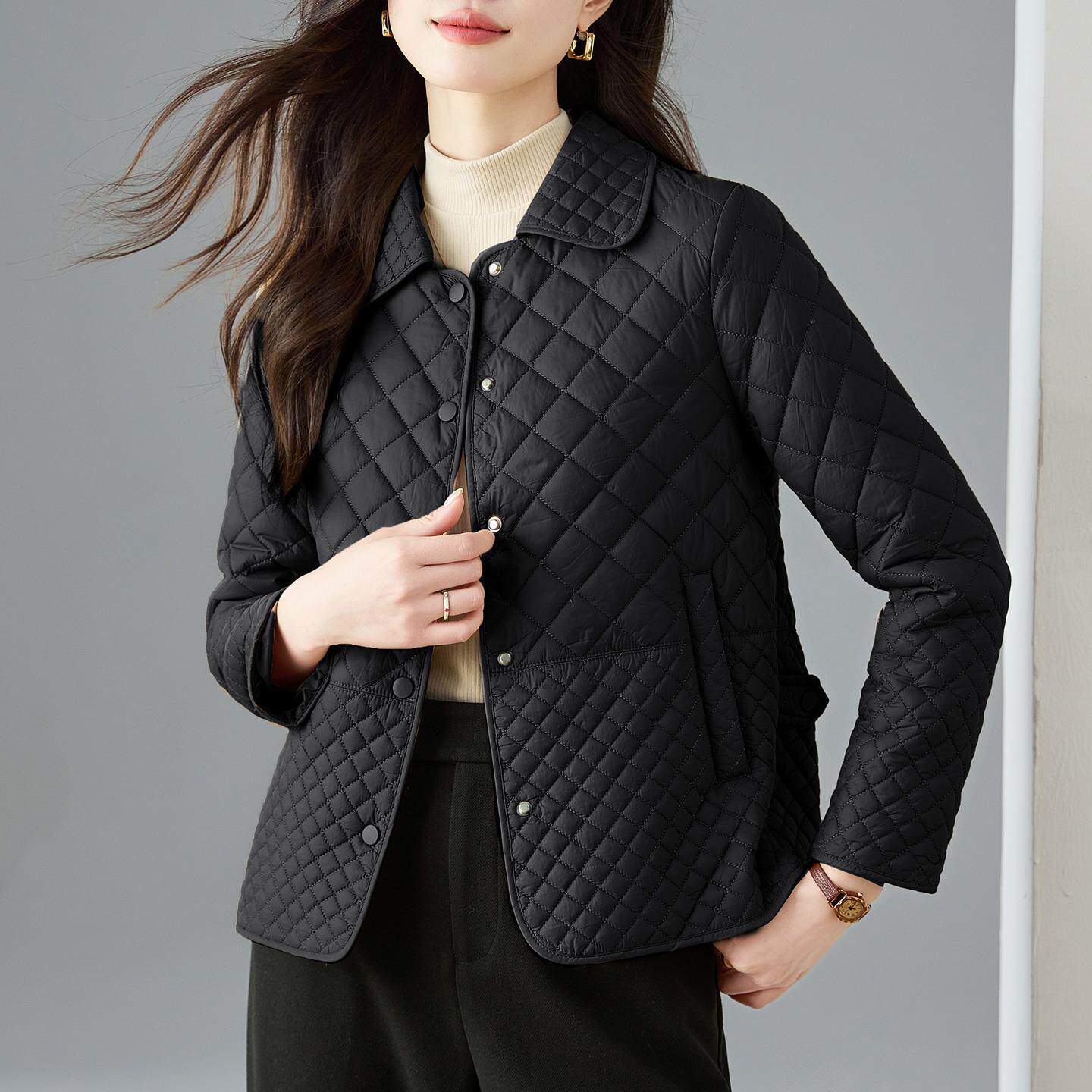 JOYIASS时尚休闲菱形格服短外套女秋冬轻薄保暖小袄妈妈宽松衣