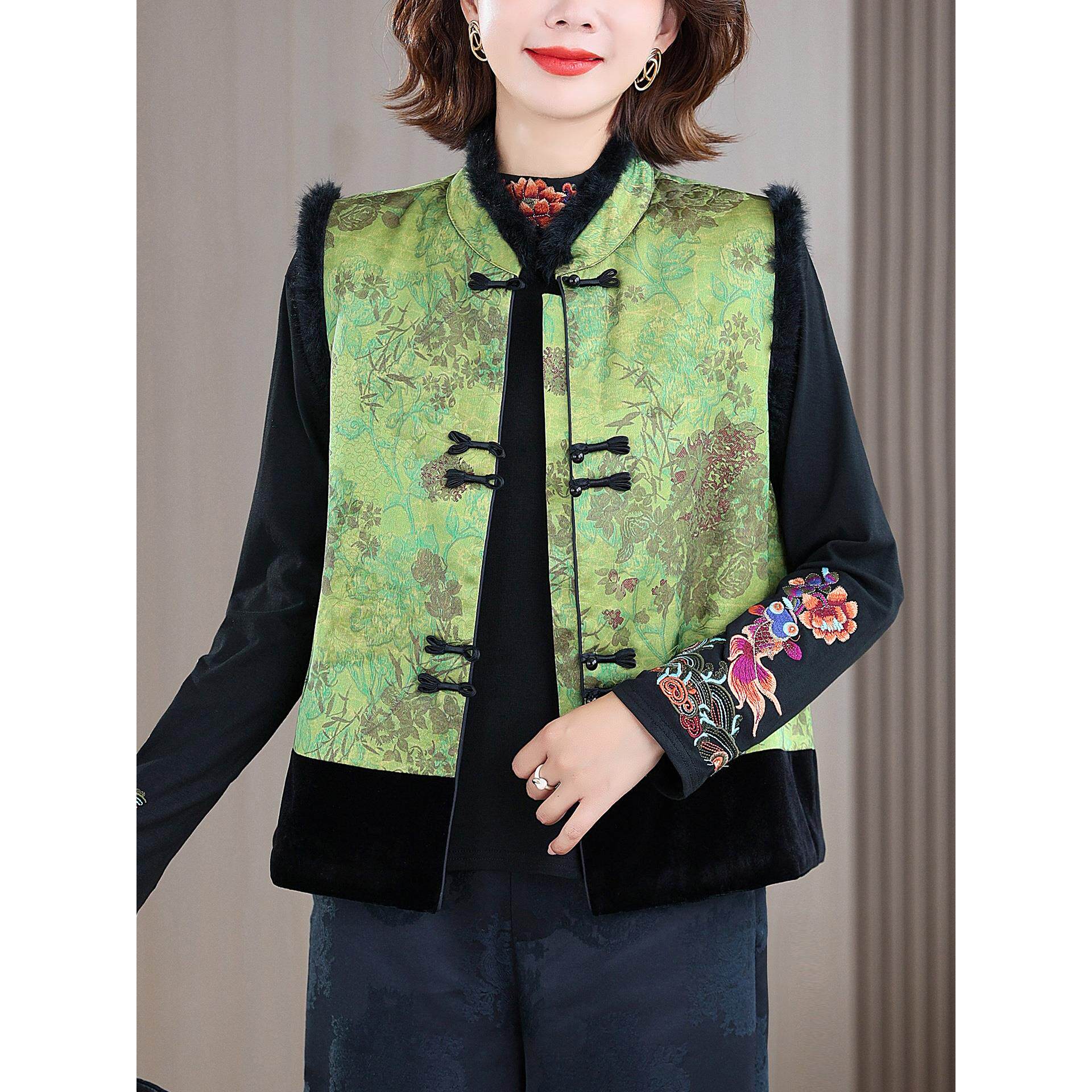 JOYIASS中式丝绒拼接提花马甲背心女士秋冬夹加厚保暖洋气妈妈坎