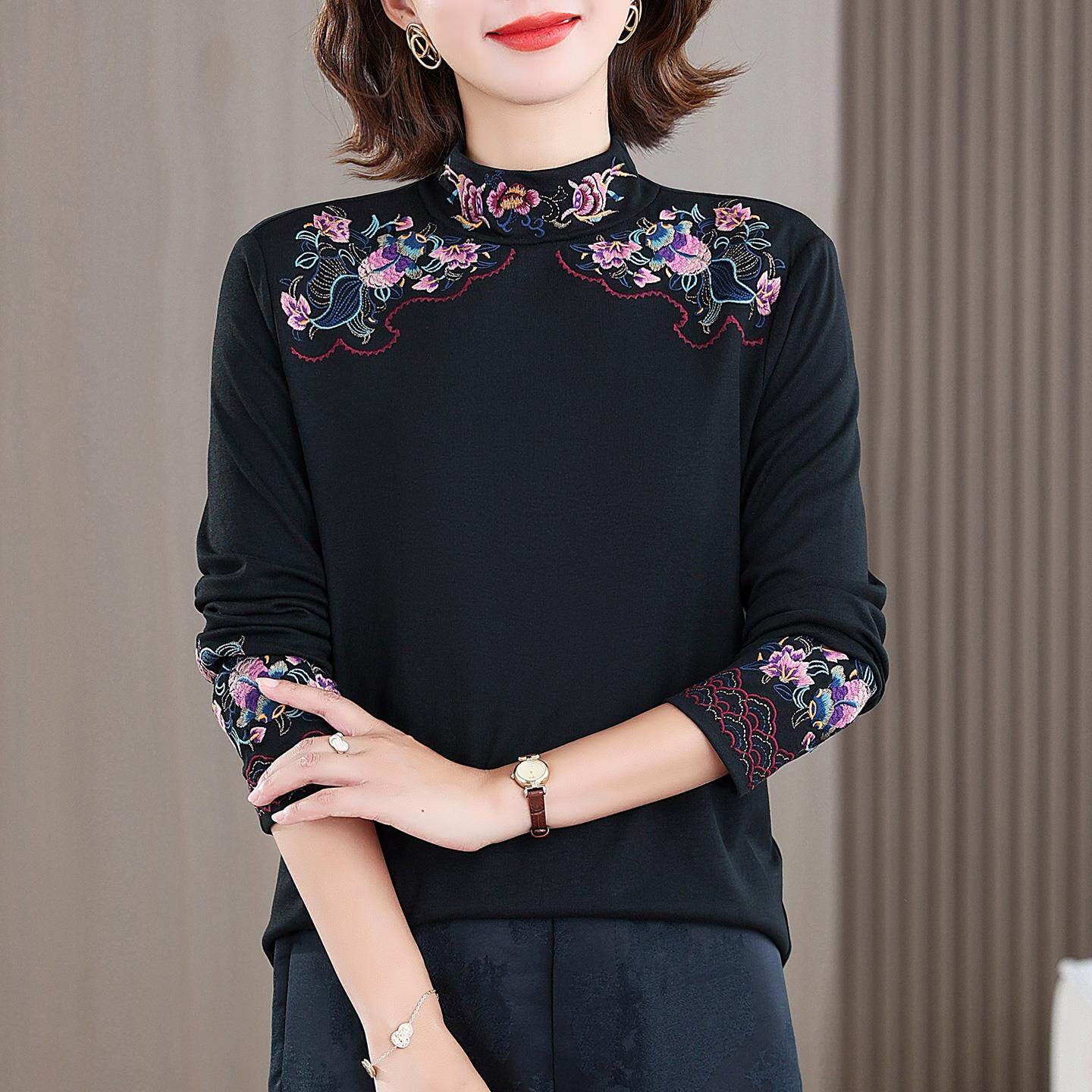 JOYIASS民族风刺绣半高领加绒打底衫女秋冬内搭长袖T恤洋气妈妈加
