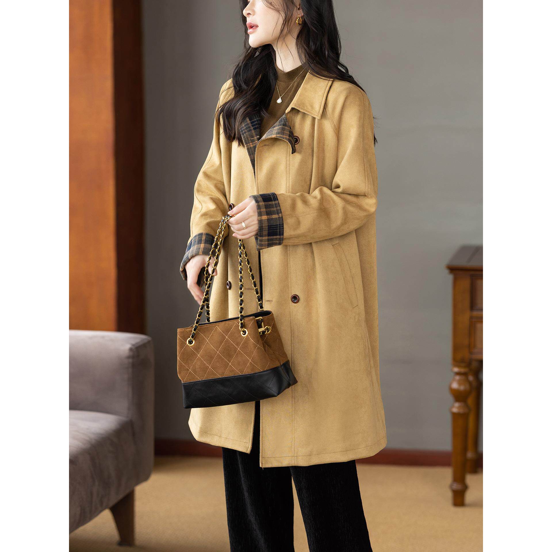 JOYIASS覆古时尚撞色格纹高级感风衣外套女士秋冬气质宽松显瘦中