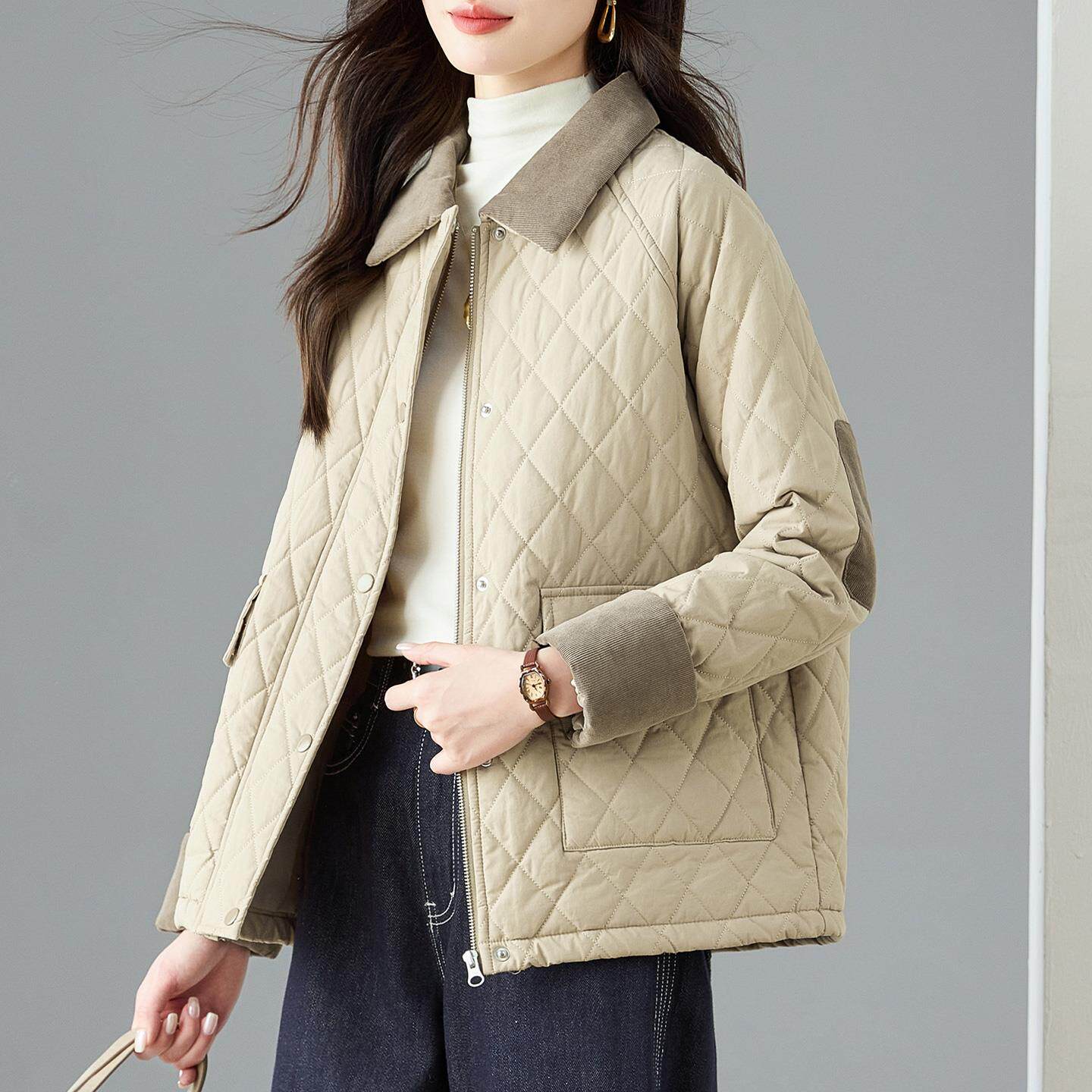 JOYIASS复古时尚撞色菱格服短款外套女士冬装百搭宽松洋气保暖衣