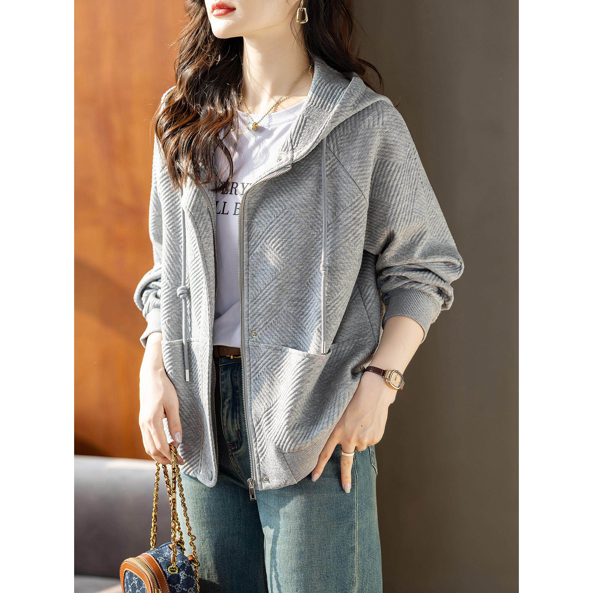 JOYIASS高级感灰色长袖连帽卫衣短外套女士秋装新款时尚百搭休闲