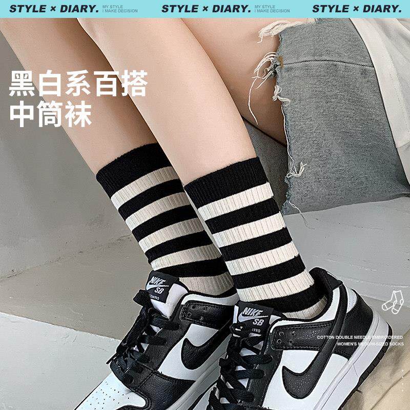 袜女中筒袜外穿潮i纹ns条超火的百秋搭ANV学院风女袜季长子袜
