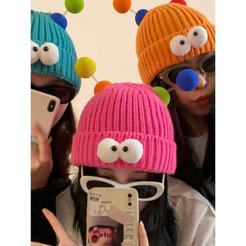 bigbig的杂货店可爱和有趣的大眼睛小怪物羊毛针织秋冬情侣帽