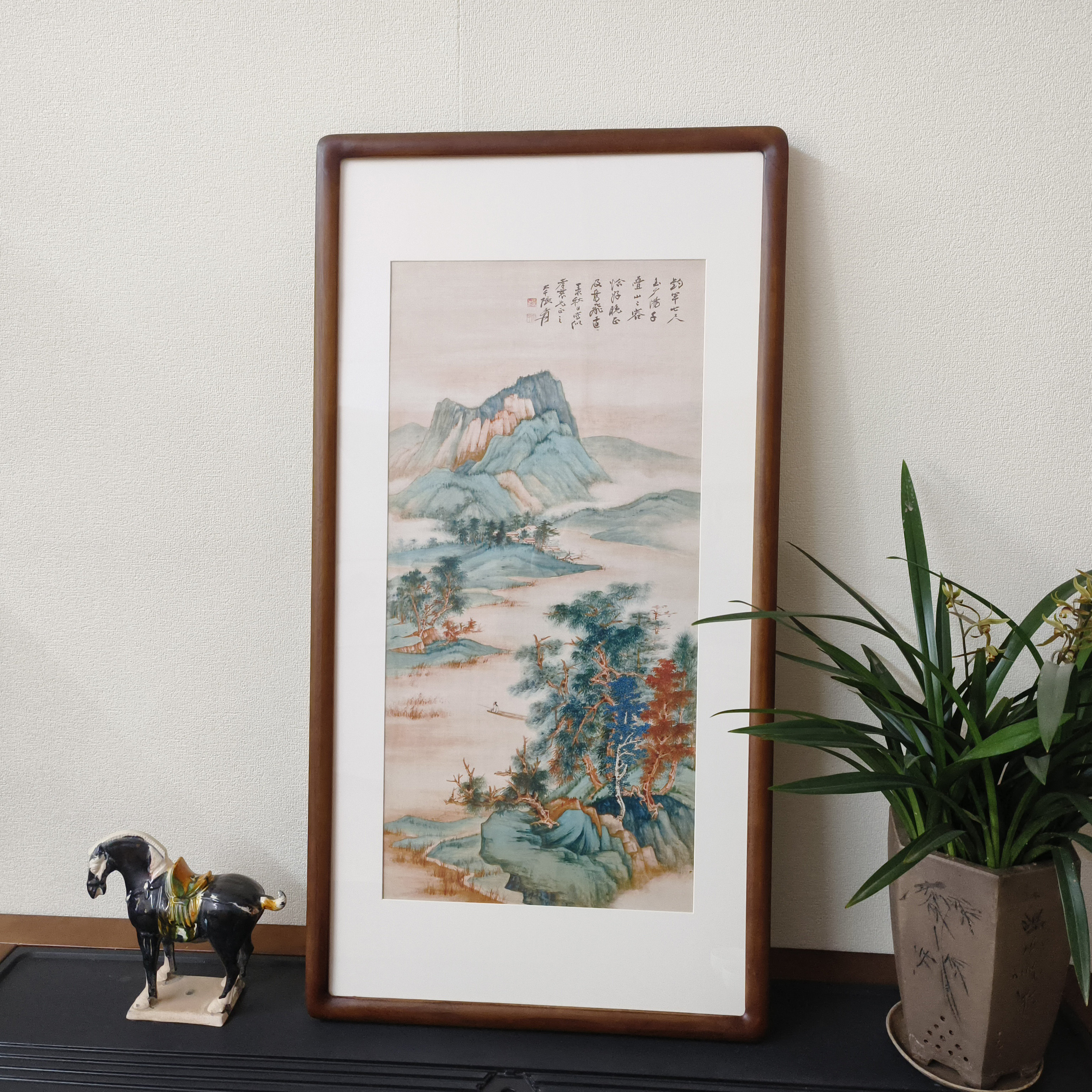 名家山水挂画张大千秋山钓艇图新中式竖版装饰画客厅玄关茶室字画