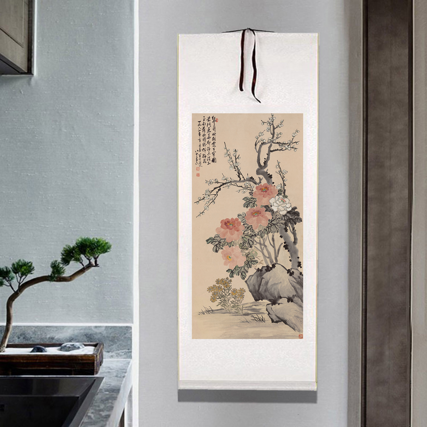 名家字画牡丹梅花图卷轴挂画客厅书房玄关装饰画陈半丁牡丹梅花图图片