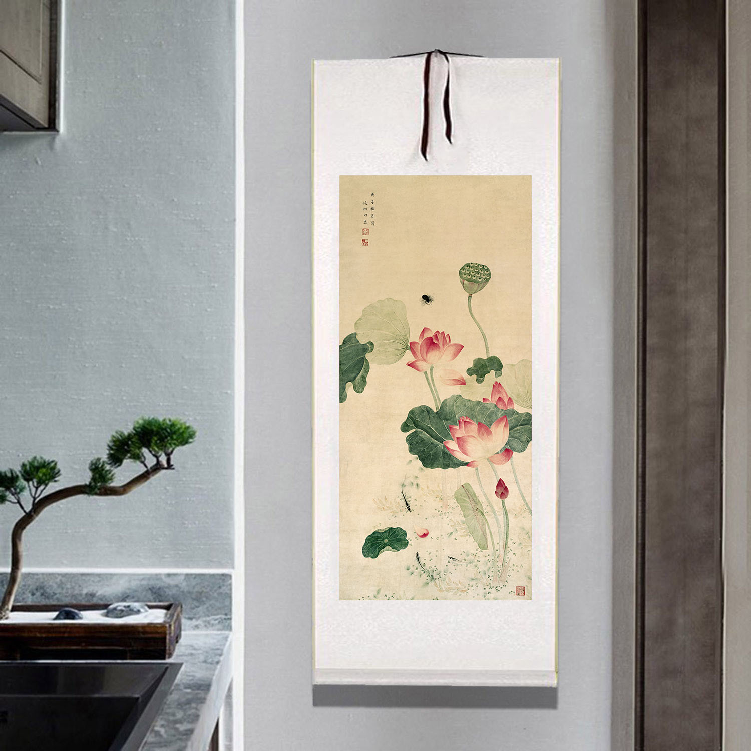 荷花图卷轴字画清吴应贞国画客厅入户玄关装饰画书房卧室复古挂画图片