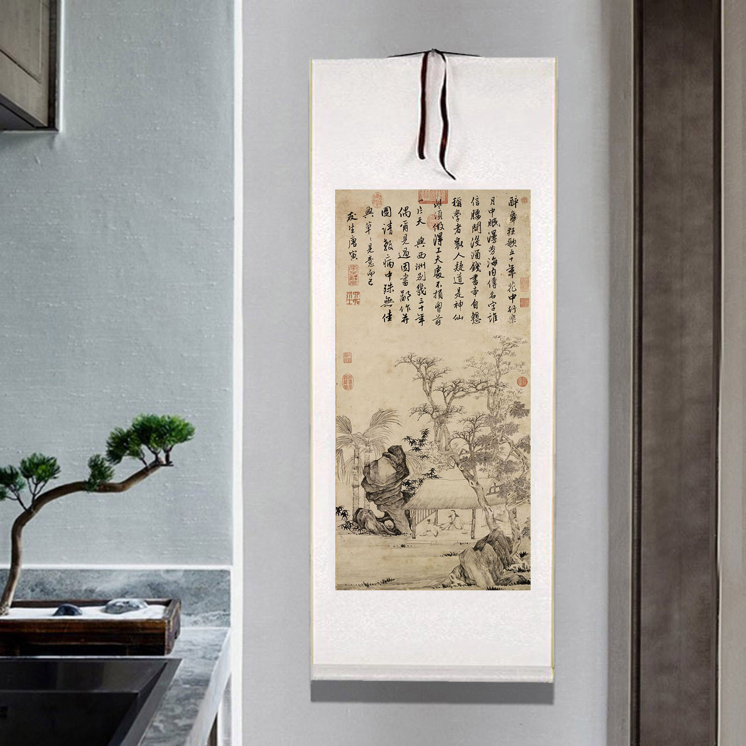 唐寅西洲话旧图古代名画条幅山水卷轴挂画客厅装饰画茶室酒店壁画