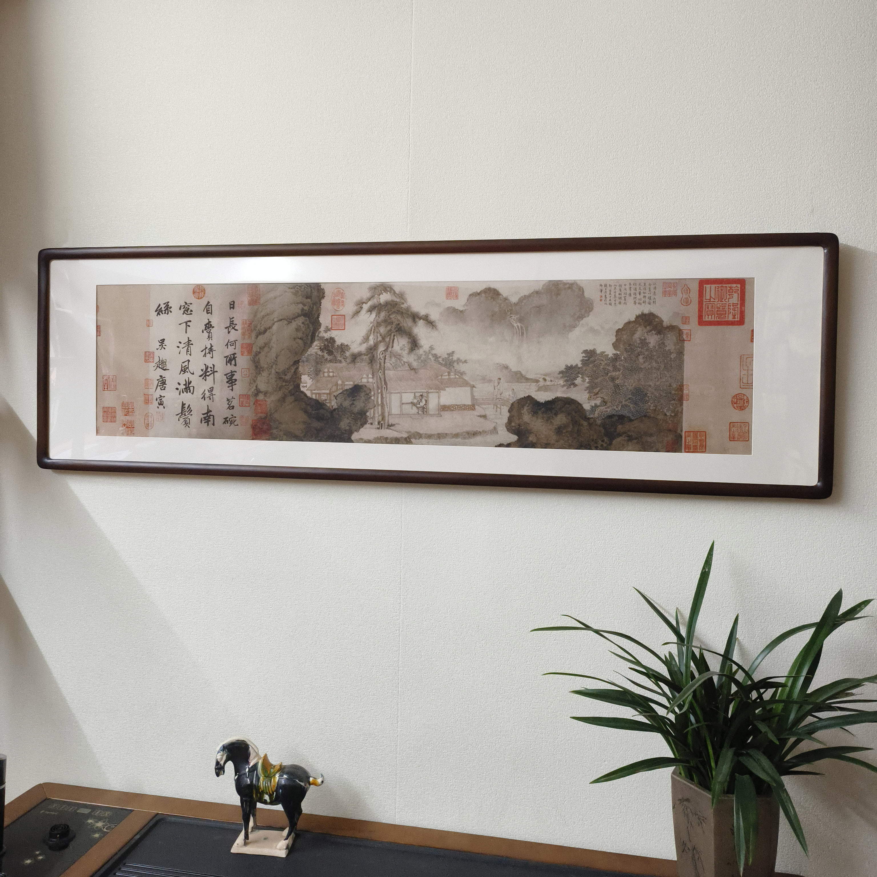 唐伯虎挂画横版山水画新中式装饰画客厅茶室中古风壁画唐寅事茗图