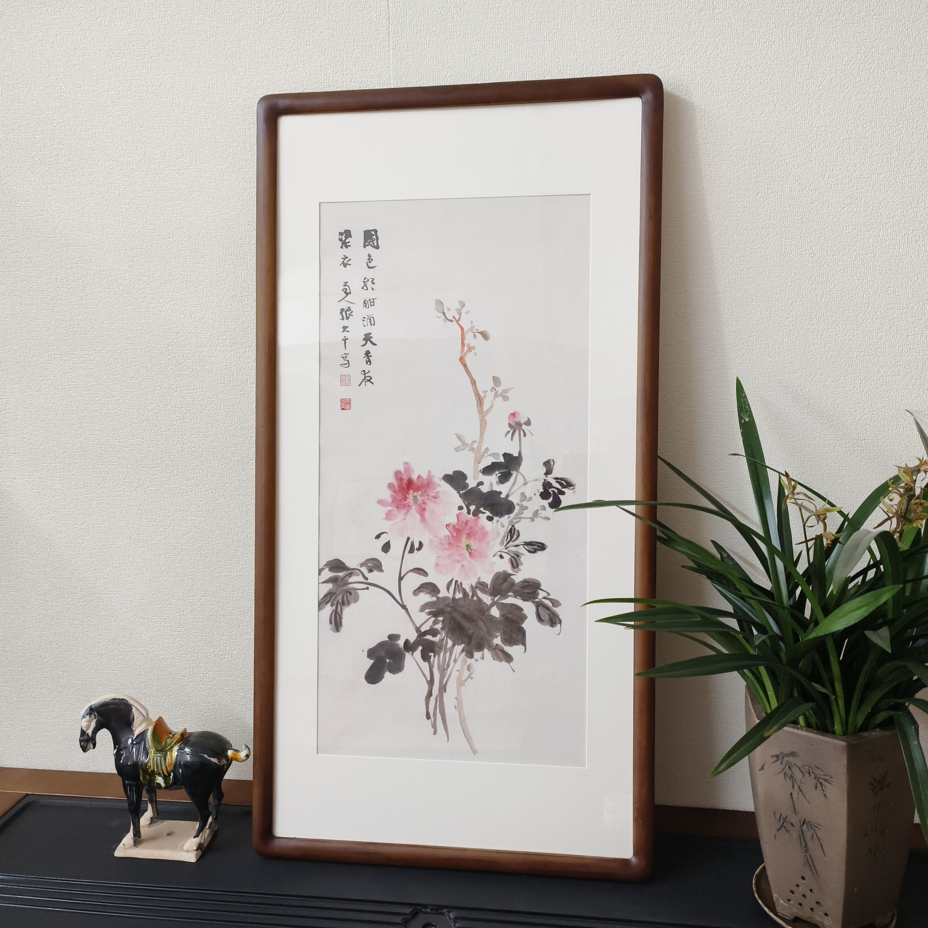 国画牡丹花竖版挂画张大千字画新中式装饰画客厅玄关餐厅书房壁画