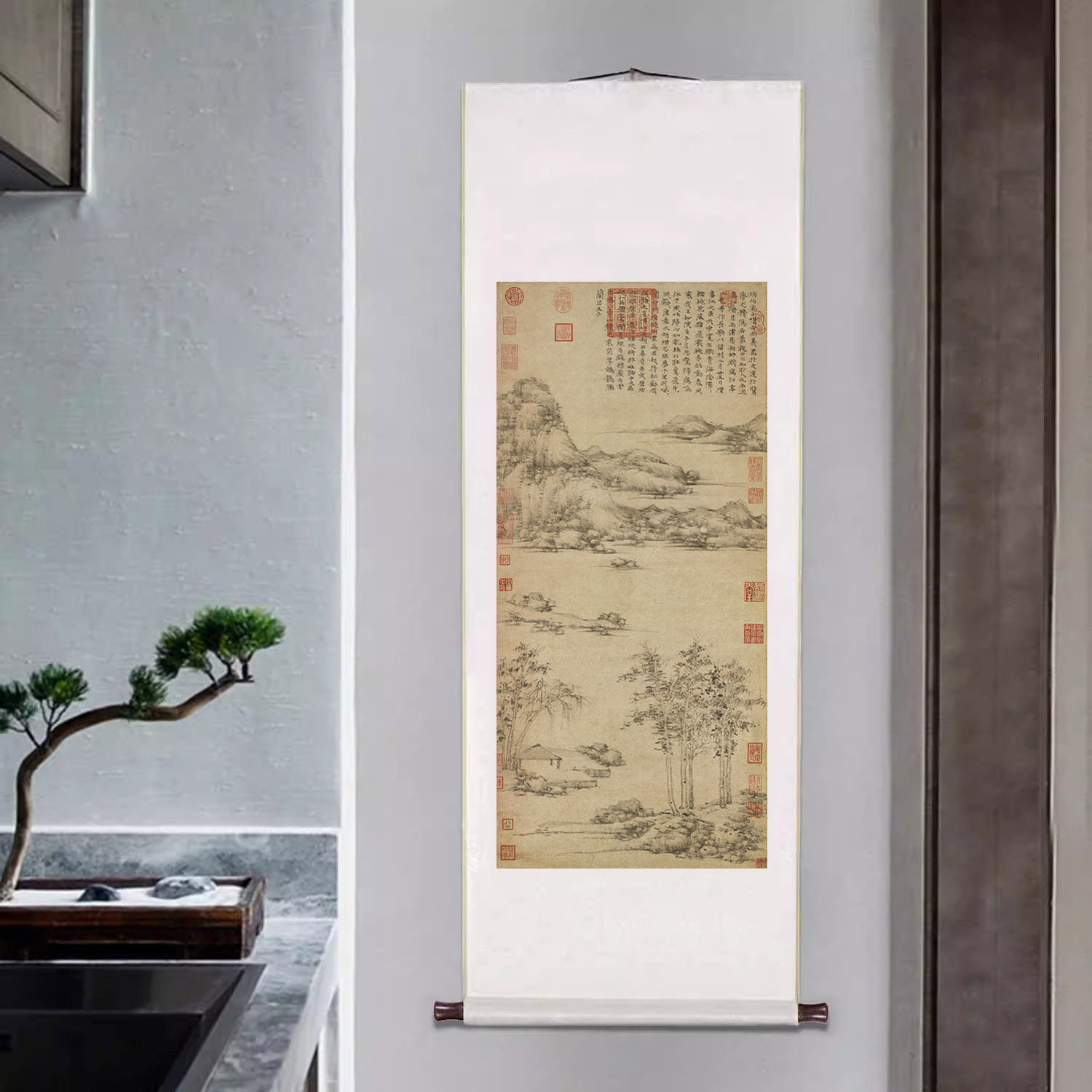 元倪瓒江亭山色图竖版山水卷轴挂画新中式客厅装饰画书房茶室壁画