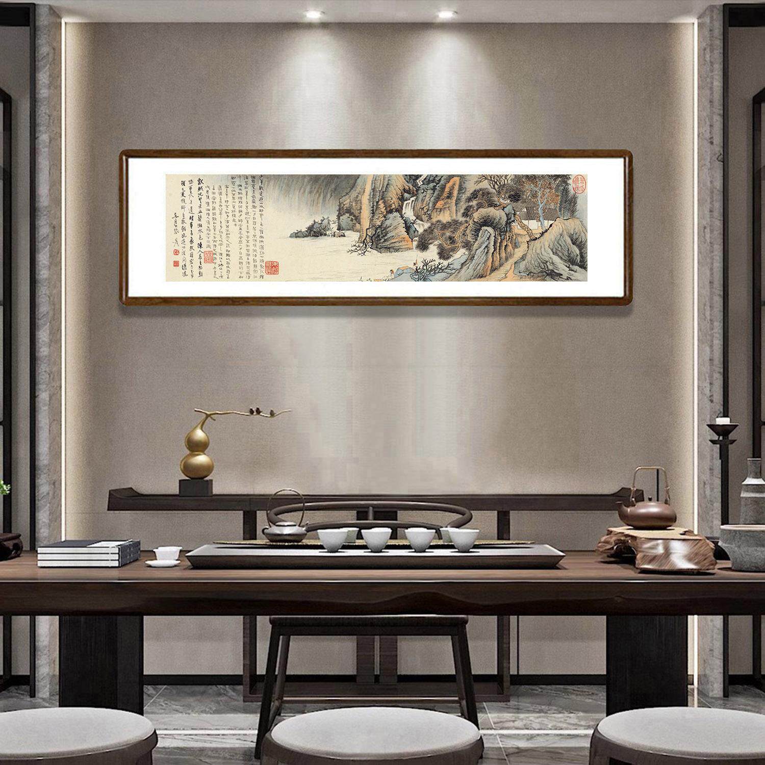 名家山水画张大千摹石涛幽居图客厅沙发背景墙装饰画横版风景挂画