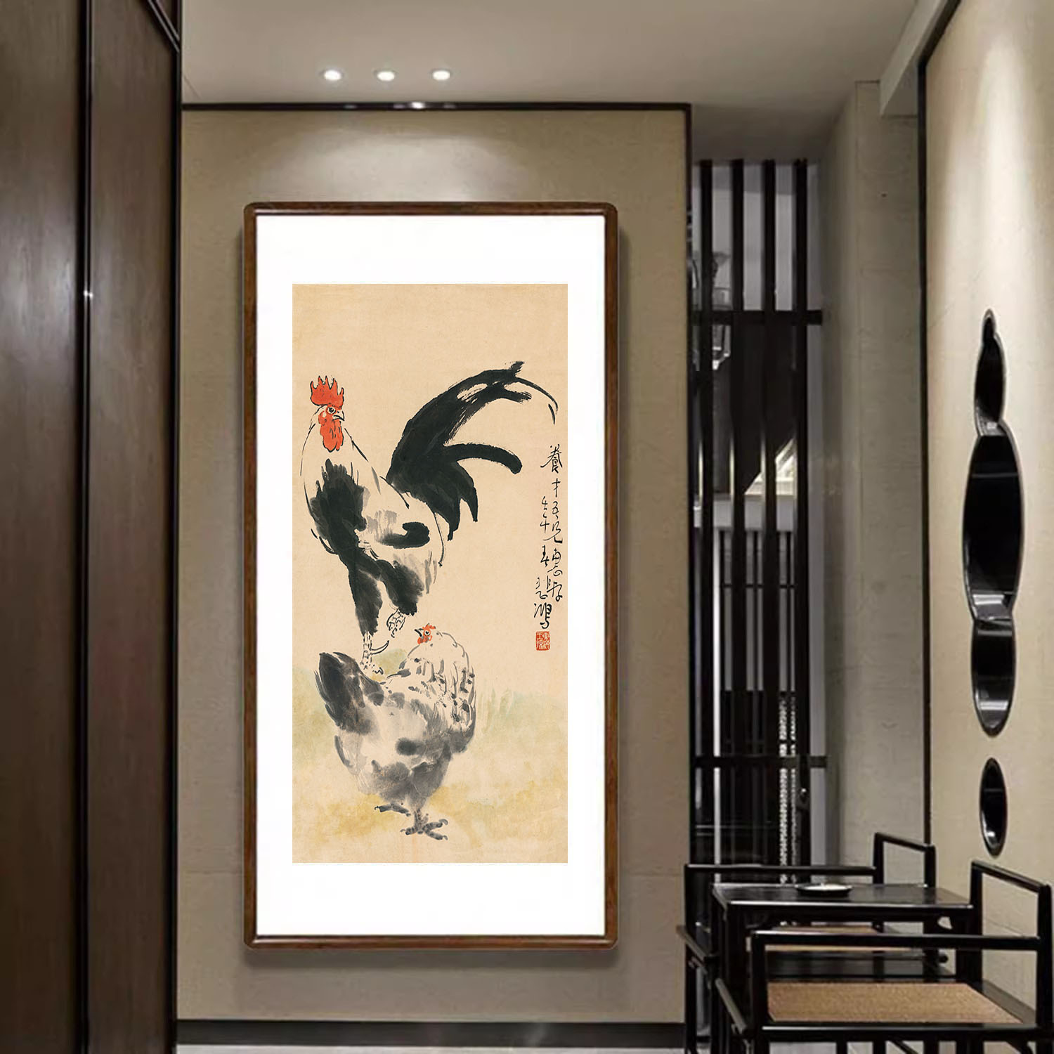 公鸡母鸡图挂画徐悲鸿国画新中式客厅玄关装饰画餐厅卧室吉利壁画图片