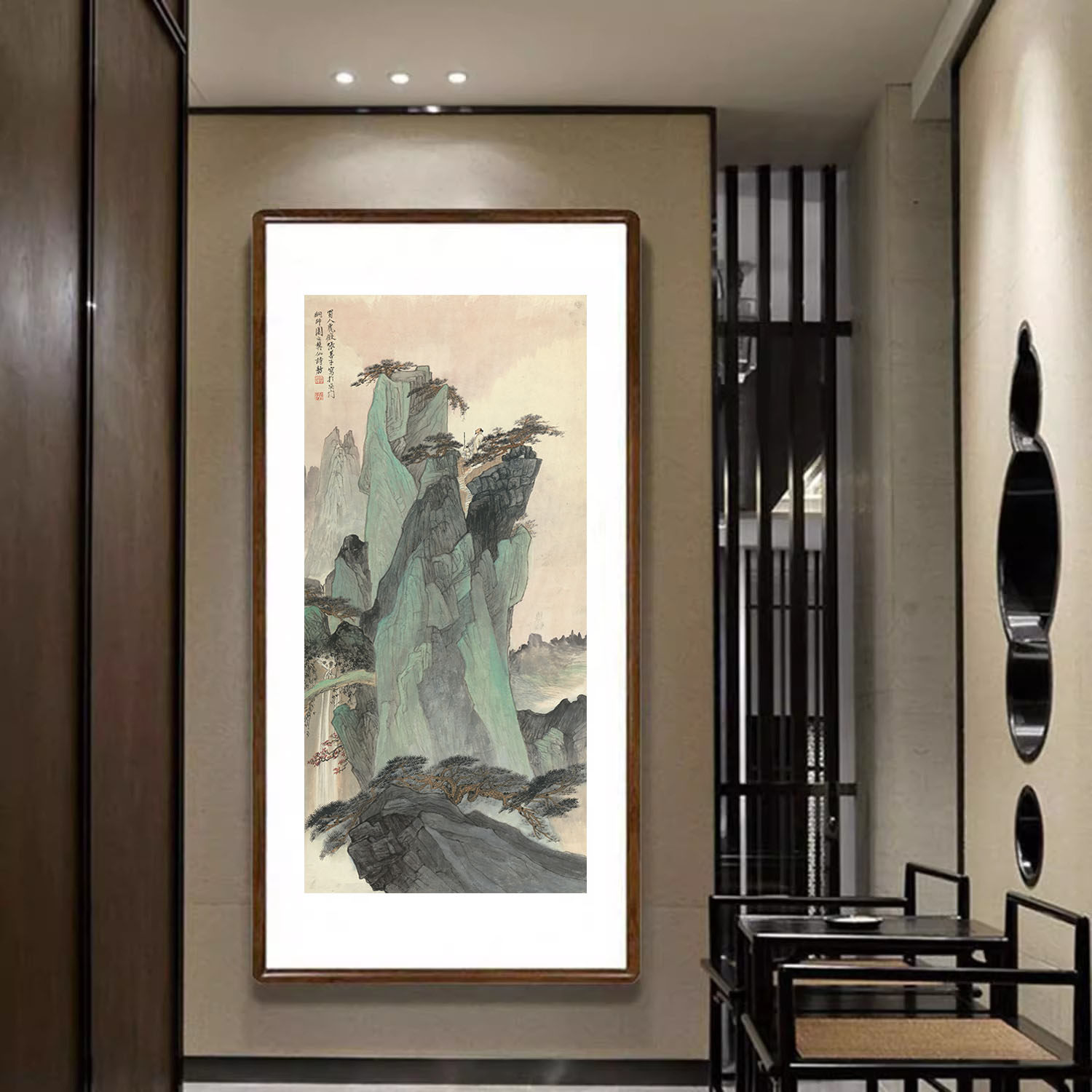 青绿山水名画新中式竖版装饰画客厅玄关过道壁画办公室靠山图挂画