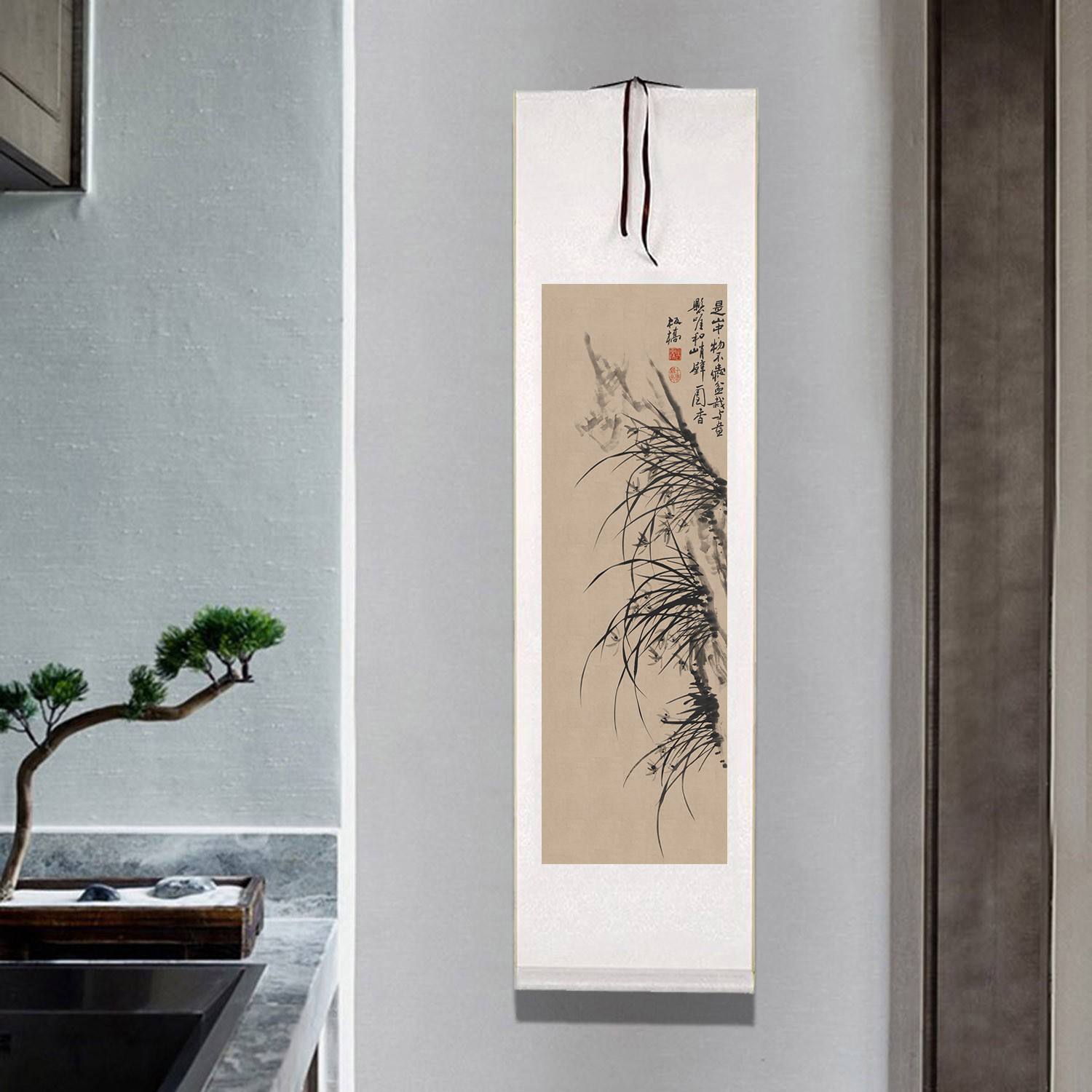 兰花图卷轴挂画古代名画客厅竖版装饰画办公室书房壁画郑板桥字画