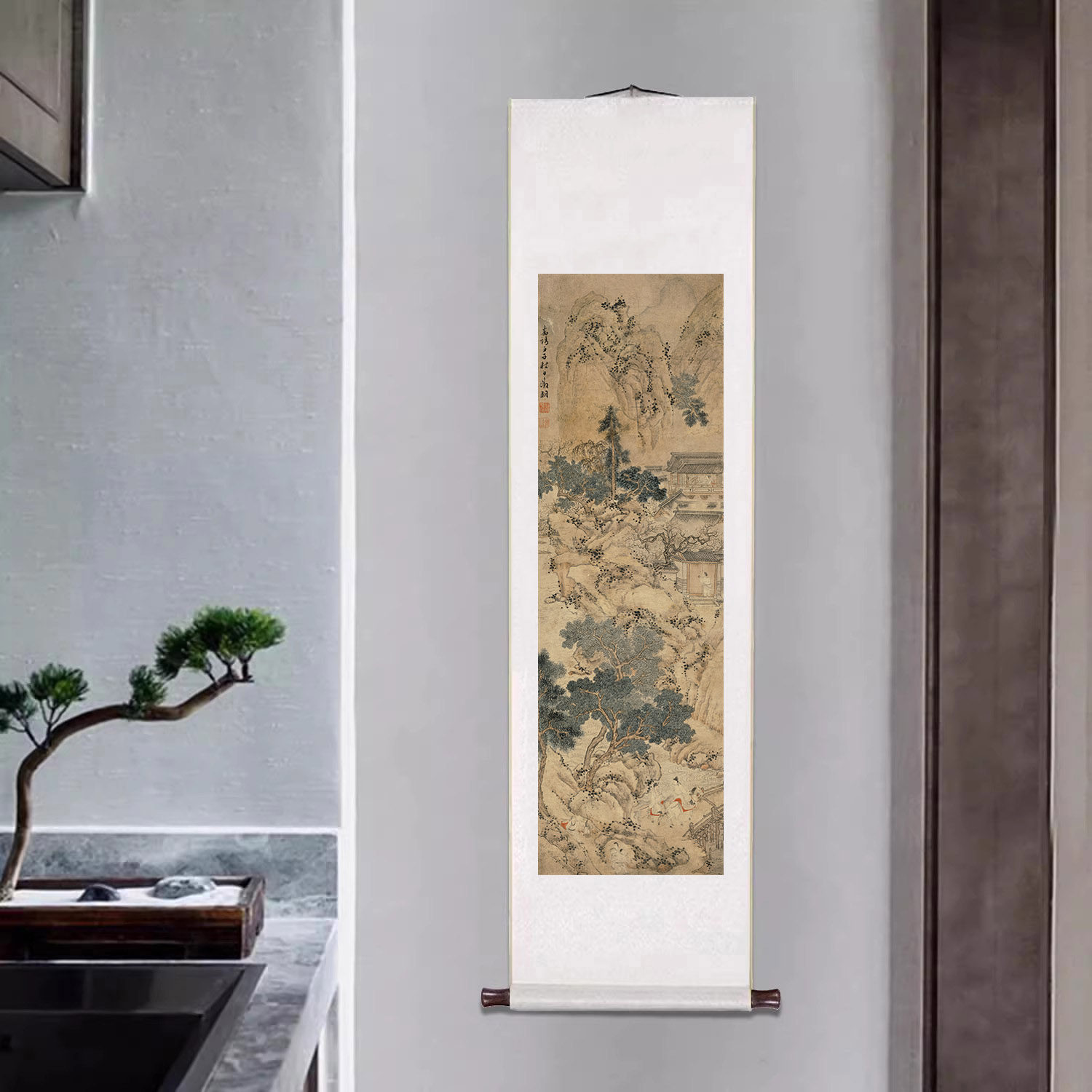 文征明山庄客至图古代名画竖版卷轴山水画客厅装饰画书房茶室挂画