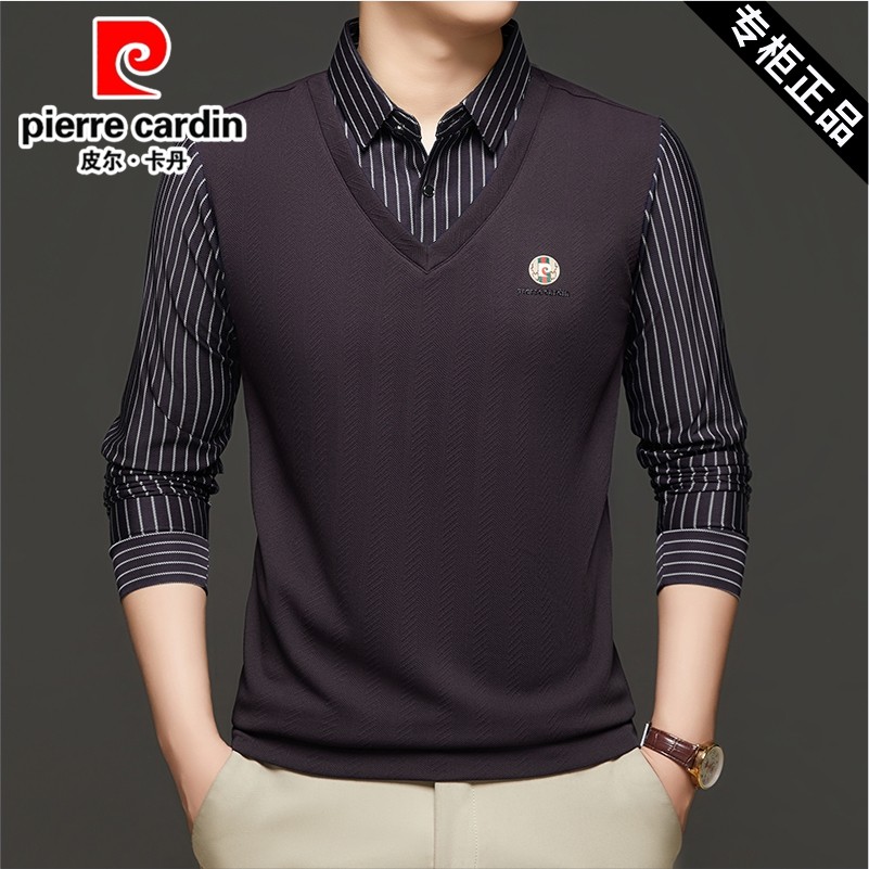 皮尔卡丹男士假两件衬衫2025秋冬新款针织衫加绒加厚保温保暖内衣