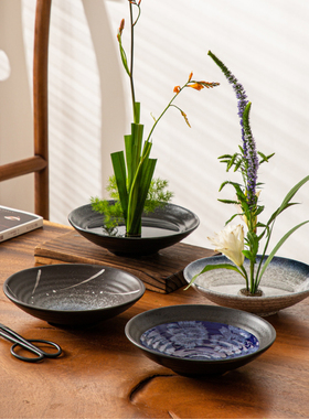 日式小原流剑山插花器花道三足花盘底座中式禅意陶瓷花盆花艺套装