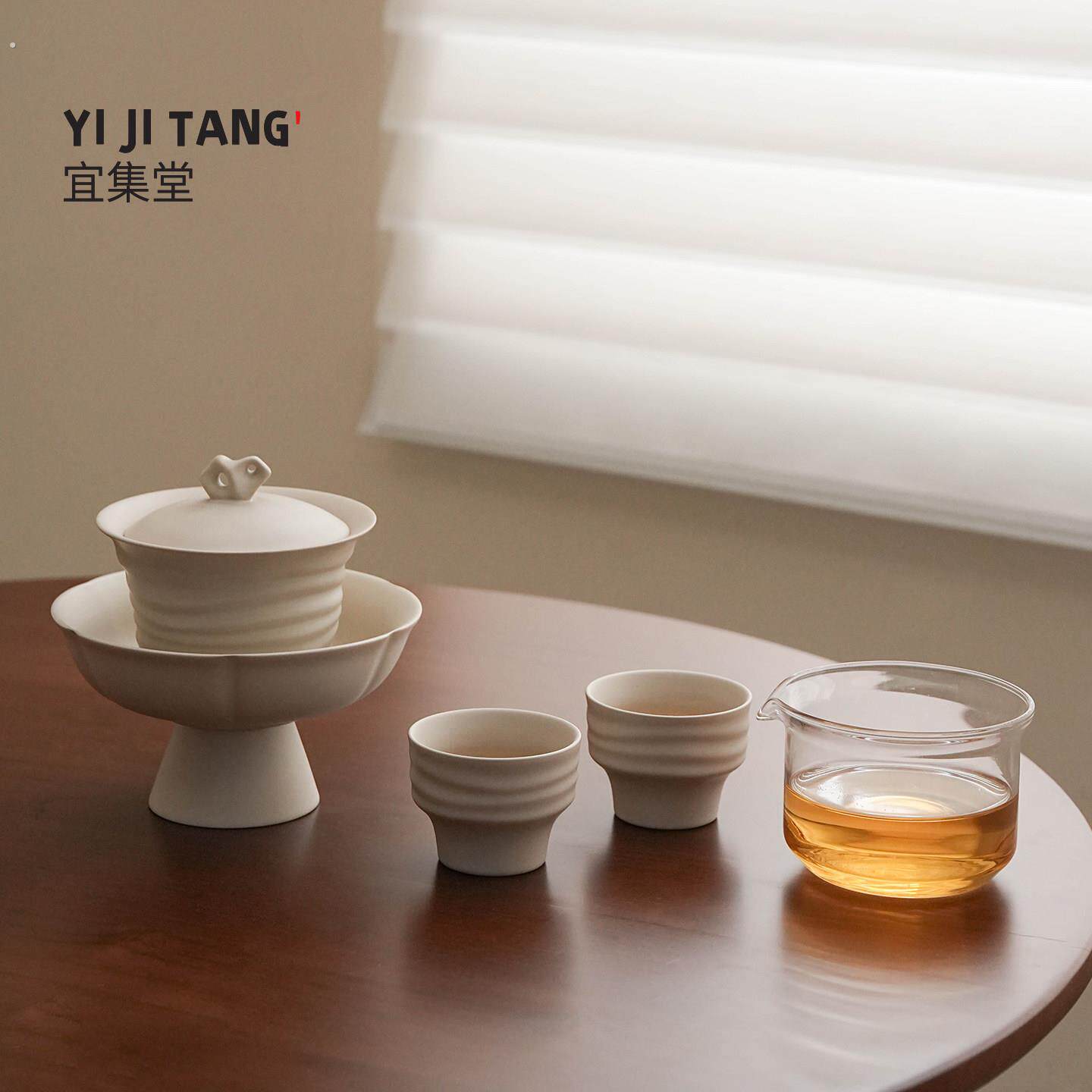 宜集堂川江中古风功夫茶具套装高颜值泡茶碗海浪设计三才盖碗套装