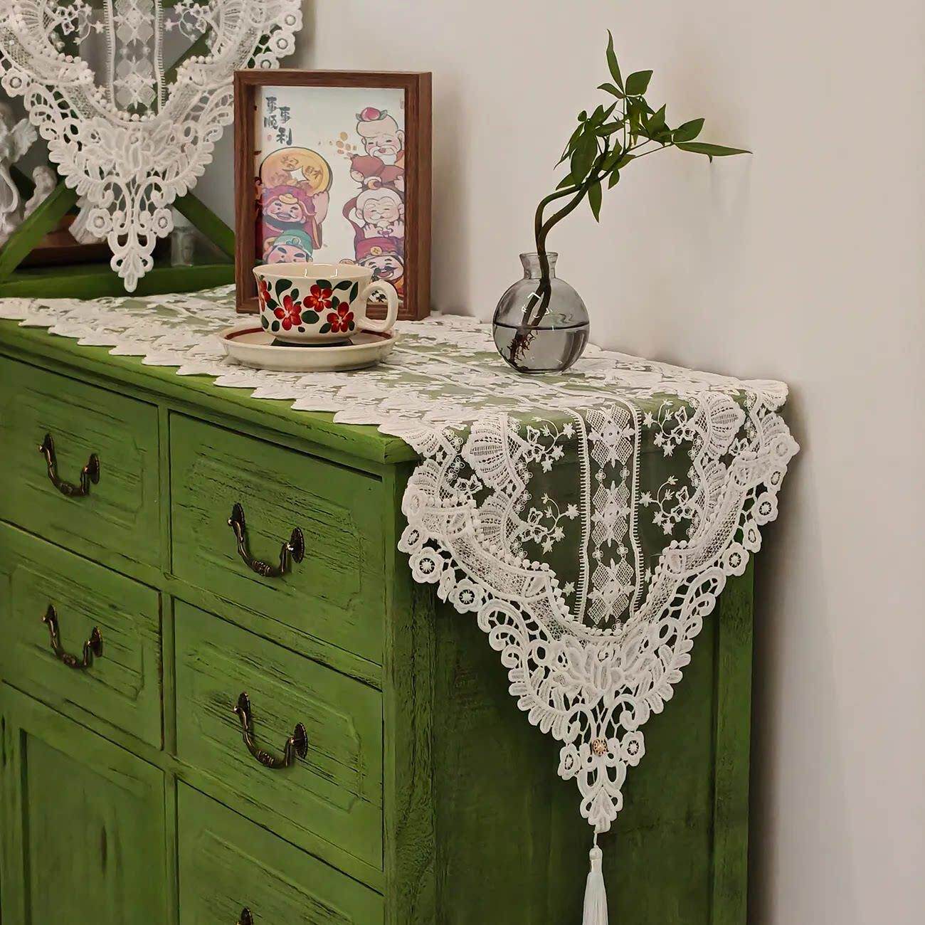 米白蕾丝桌旗美式轻奢质感法式电视柜餐边柜斗柜盖布餐桌长条装饰