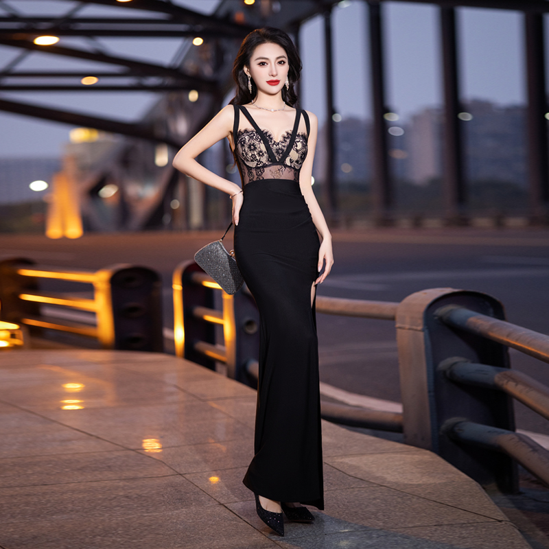 气质宴会主持人生日黑色晚礼服女性感夜场桑拿技师夜总会足疗长裙