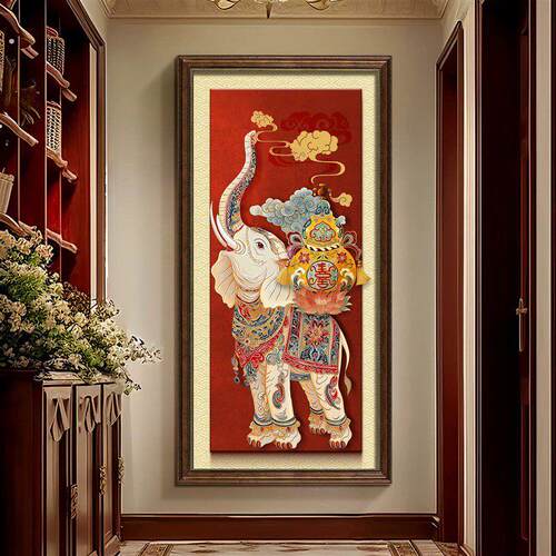 2025中式大象玄关装饰画吉象如意入户走廊挂画高级感客厅葫芦壁画