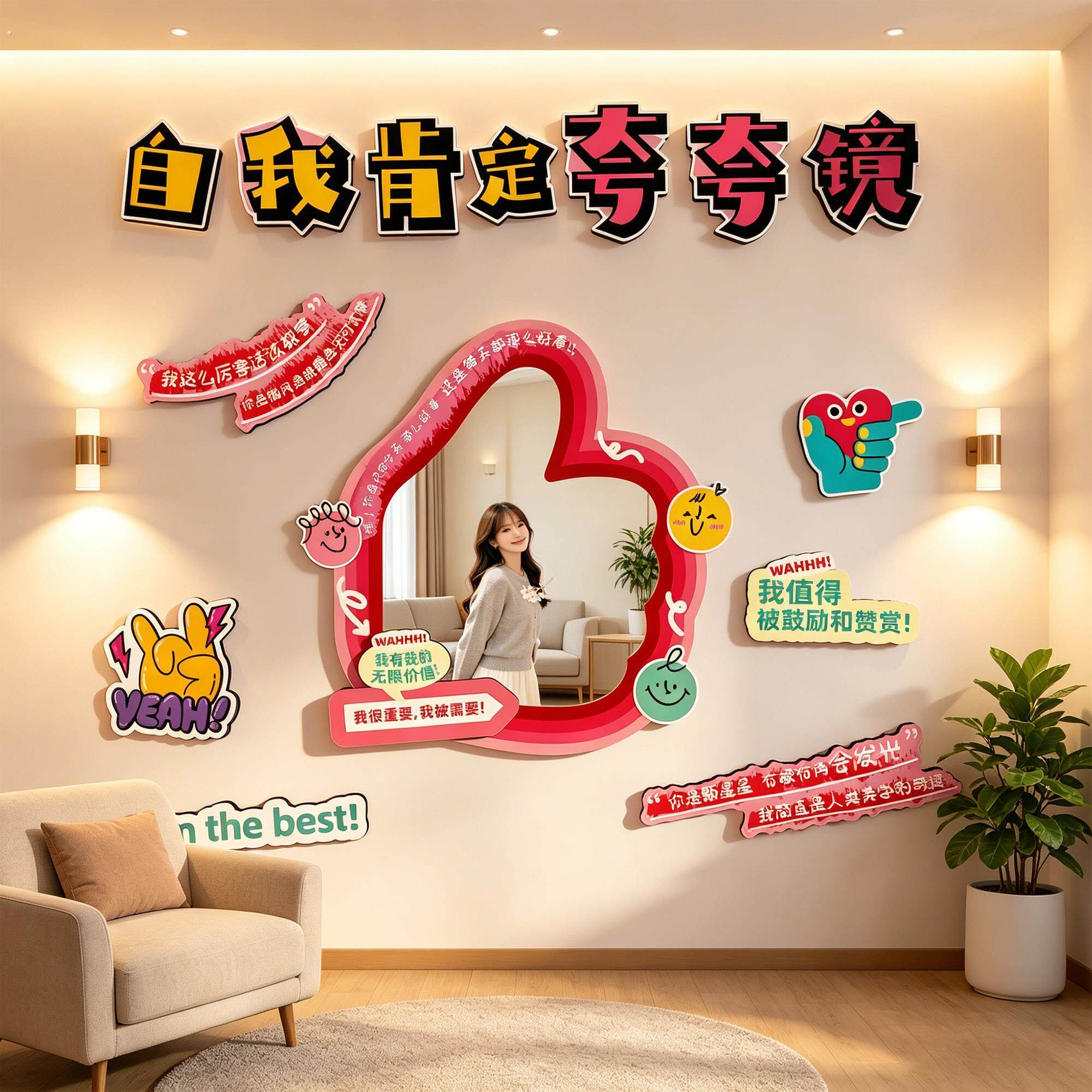 网红自我夸镜子心理角灵咨询教室文化墙装饰情绪疗愈冥想氛围布置