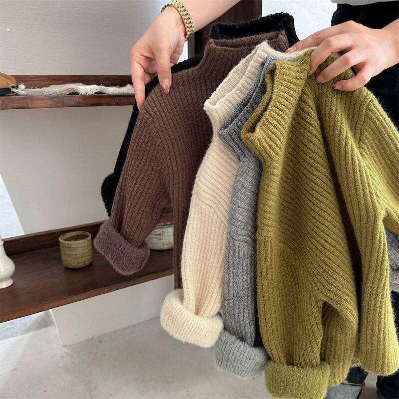 韩国儿童毛衣2025冬款男童半高领纯色加绒打底女童洋气套头针织衫