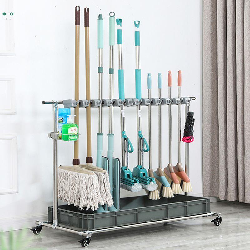 落地式不锈钢拖把架子移动扫把架挂钩免打孔卫生间收纳沥水整理架