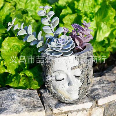 万圣跨境树桩女孩树脂工艺摆件家居庭院装饰摆件花园人脸花盆