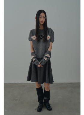 Rebornique 韩系灰色菱格针织短袖毛衣 复古慵懒风可拆卸袖套套装