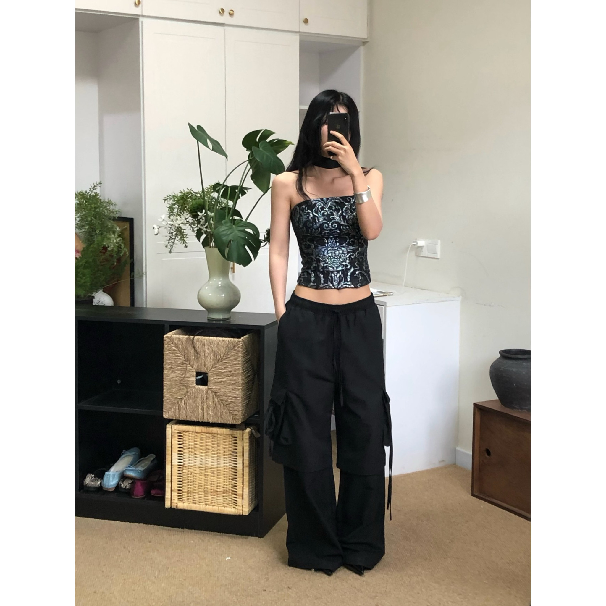 Rebornique 韩系轻亚风机能感工装裤 可拆卸裤腿蝴蝶结口袋长裤女