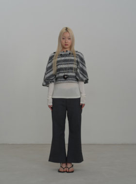 Rebornique 韩系短款翻领披肩针织衫 条纹撞色蝙蝠袖外搭毛衣叠穿