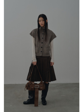 Rebornique 韩系学院风双腰层次感毛呢百褶裙 系带叠穿a字半裙女