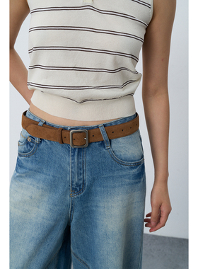 Rebornique 棕色系反绒牛皮设计感百搭皮带麂皮腰带