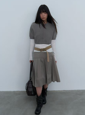 Rebornique 格雷系百褶裙 绑带设计侧拉链知识分子风中长款半身裙