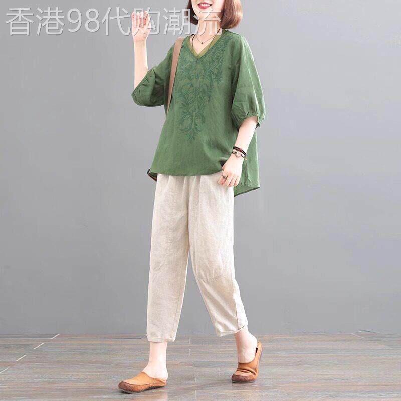 亚麻时尚套装女2026夏装新款复古刺绣短袖上衣棉麻裤子大尺码两件